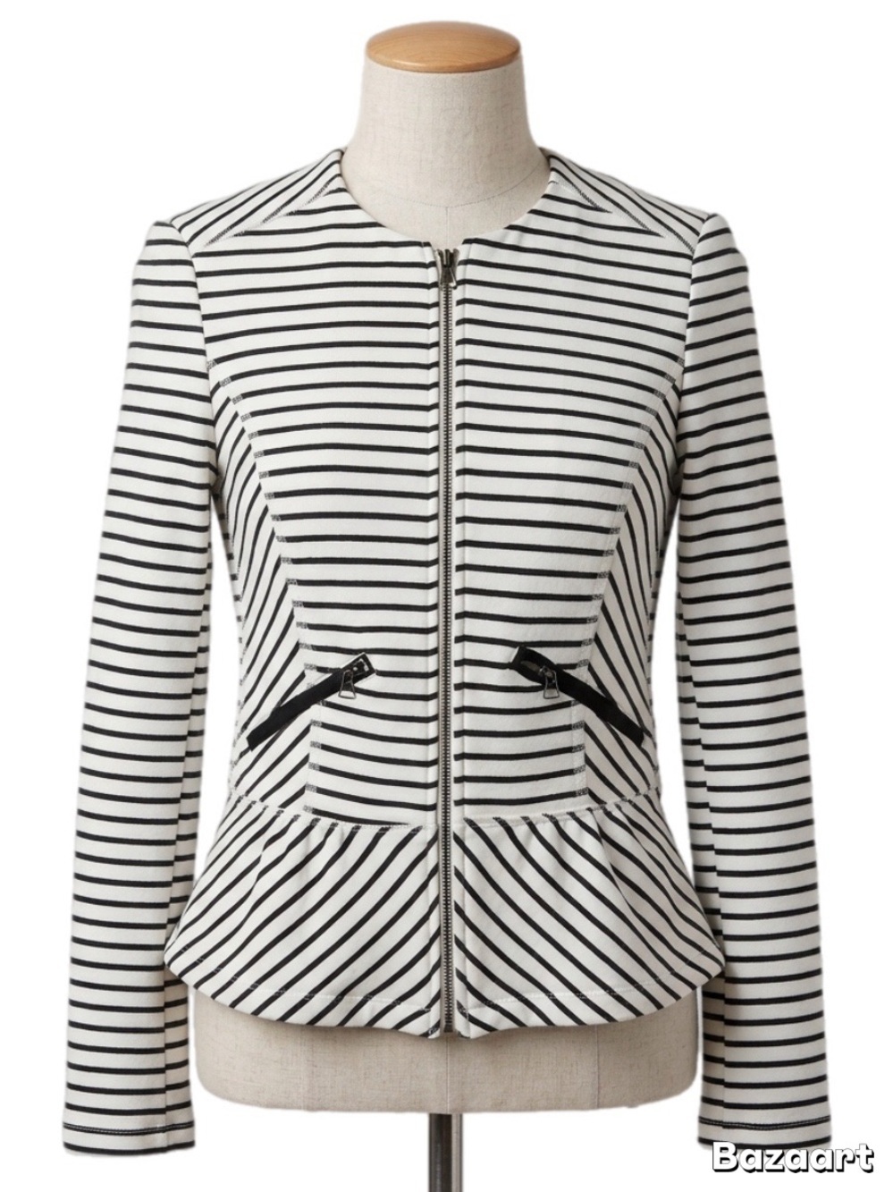 Zara Black & White Striped Peplum Zip Jacket